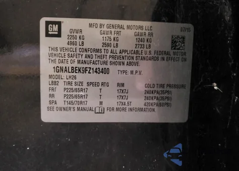 2015 Chevrolet Equinox Lt z USA, uszkodzony, nr VIN 1GNALBEK9FZ143400